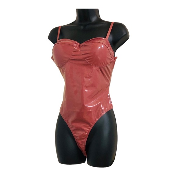 Mauve brown Pleather glossy padded spaghetti strap bustier bodysuit size Large - Picture 2 of 15